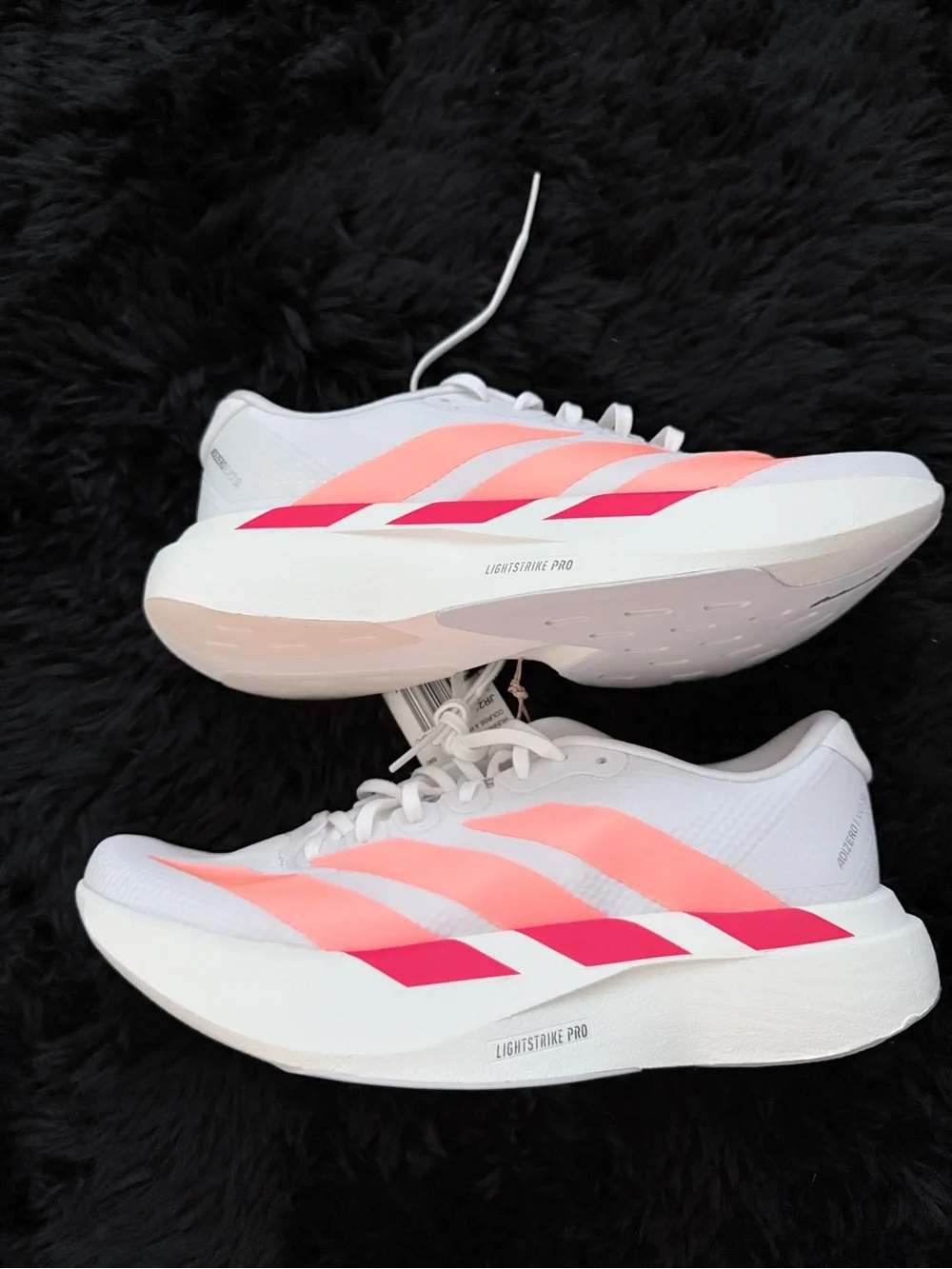 Adidas Adizero Evo SL White Running Shoes, red and orange accents. Size 6.5